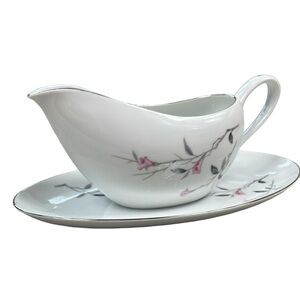 Cherry Blossom Fine China Japan 1067 Gravy Boat and Under Plate Floral White